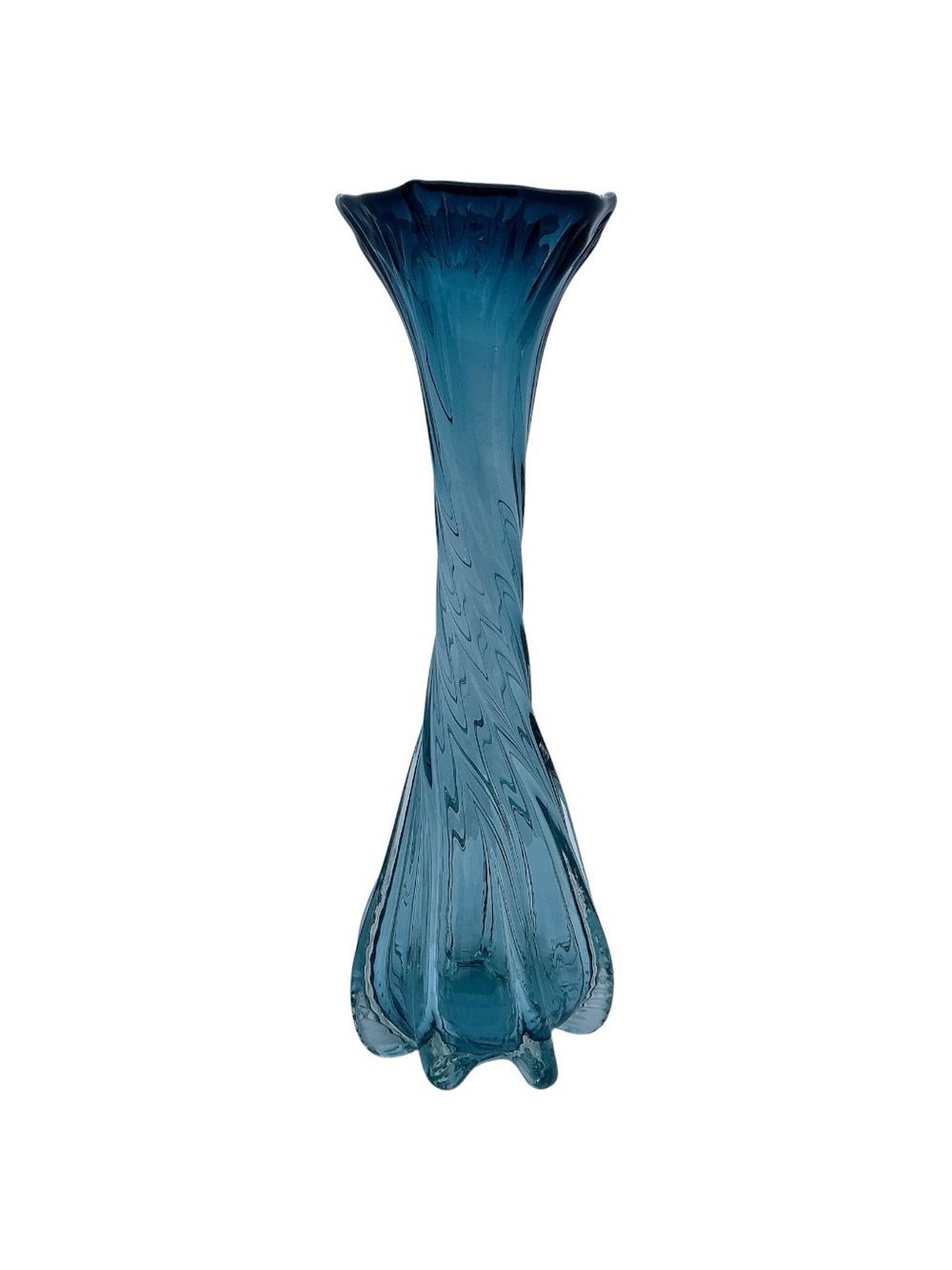Hand Blown Art Glass Ruffled Footed Vase 16” Tall Blue Vintage - Picture 2 of 6